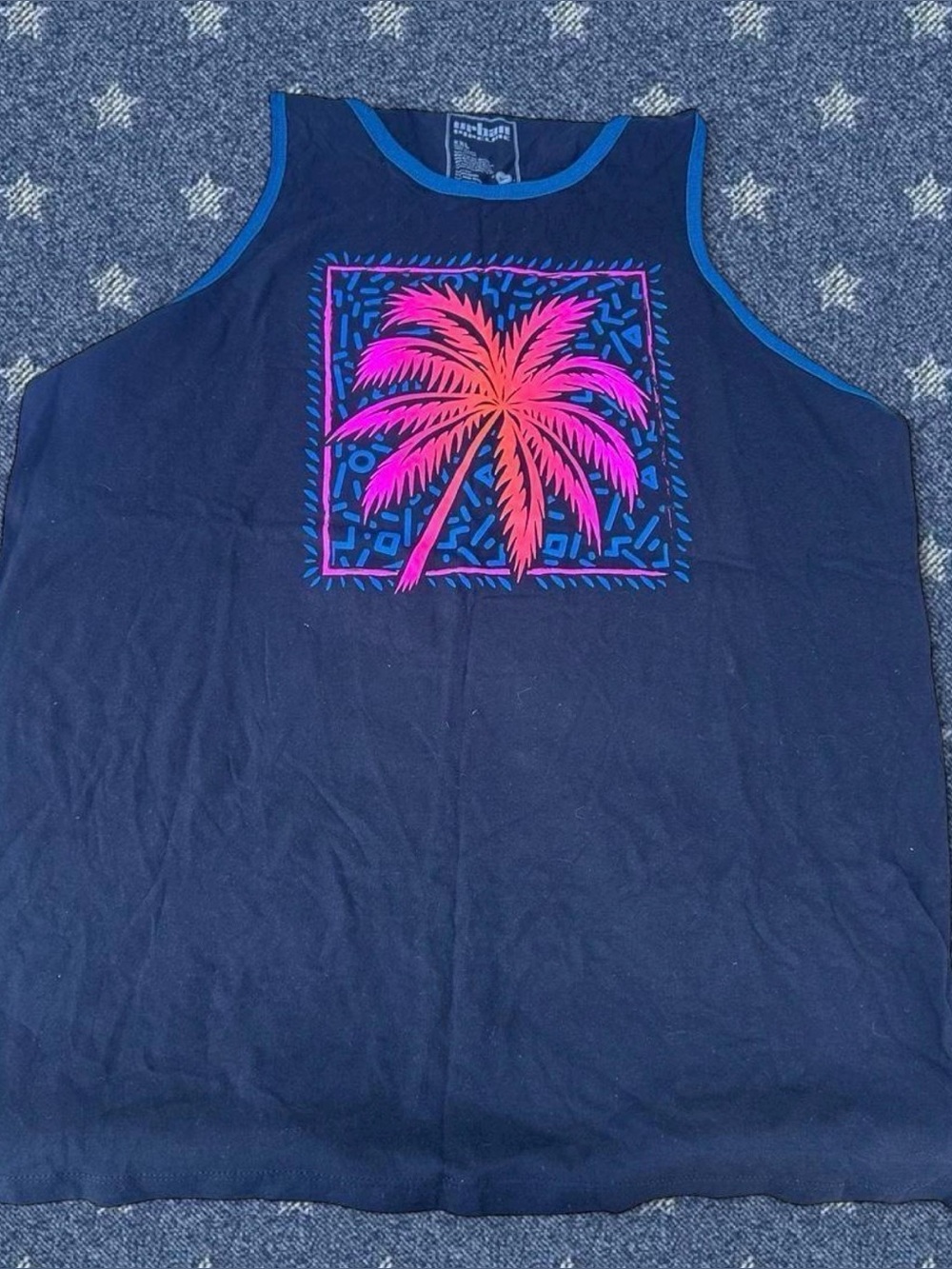 Mens Navy Tank Top with Neon Pink Palm Tree Graphic